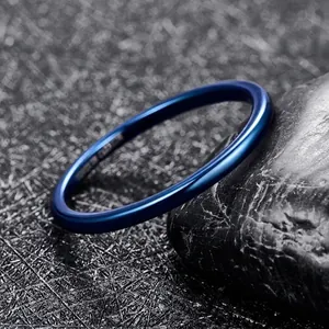 Blue Tungsten Steel Ring High Polished Narrow Comfort Fit Band Minimalist Jewelry For Men Women Unisex Individual Daily Accessory