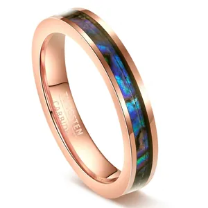 Detailed macro view of a 4mm rose gold tungsten ring featuring a colorful abalone shell inlay