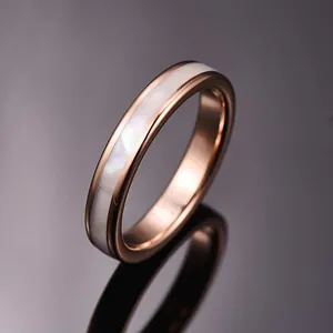 Close-up of 4mm rose gold tungsten steel ring with elegant white mother of pearl inlay