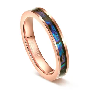 Macro detail view of 4mm rose gold tungsten carbide ring with iridescent shell inlay