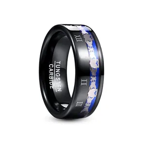 8mm black plated tungsten carbide men's ring with Roman numerals and heart pattern