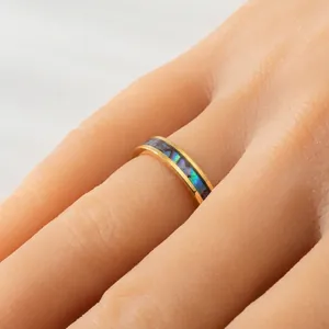 Close-up detail of a 4mm tungsten steel ring featuring a vibrant colorful shell inlay
