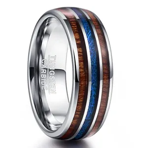 Men Tungsten Carbide Ring Domed Acacia Wood Inlay Blue Imitation Meteorite Polished Personalized Band Ring Jewelry