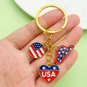 Close-up of USA themed keychain with heart and flag charms.