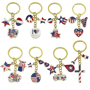 USA Flag Star Heart Independence Day Keychain For Women Men July 4th Souvenir Zinc Alloy Enamel Rhinestone Patriotic Key Ring Gift