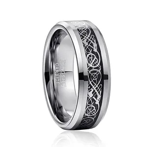 8mm Wolframkarbid Ring Für Herren Schwarze Kohlefasereinlage Silbernes Keltisches Drachenmuster Poliertes Band Herren Schmuck
