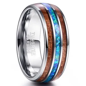 Men's Tungsten Steel Ring Inlaid With Koa Wood And Blue Imitation Opal Dome Polished Comfort Fit Wedding Band Jewelry