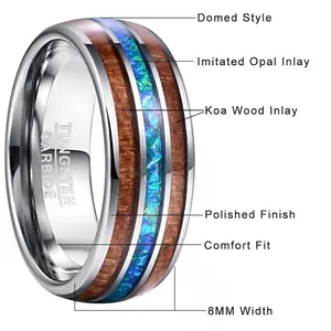 Close-up detail of 8mm tungsten carbide ring with Koa wood and imitated opal inlay