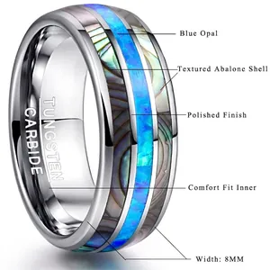 Vista detallada de un anillo de tungsteno de 8 mm con ópalo azul y concha de abulón