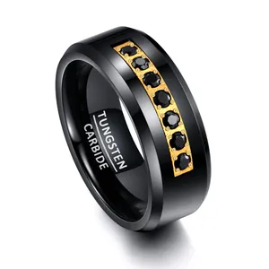 Men Tungsten Steel Ring Black Gold Plated Inlaid Zirconia Band Fashion Geometric Jewelry For Daily Wear Party Gift Unisex