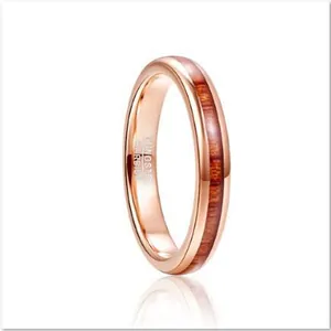 Elegant 4mm rose gold plated tungsten carbide ring featuring a natural Acacia wood inlay