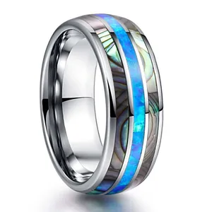 Anillo de Carburo de Tungsteno Pulido para Hombre con Incrustación de Ópalo Azul y Concha de Abulón Tres Ranuras