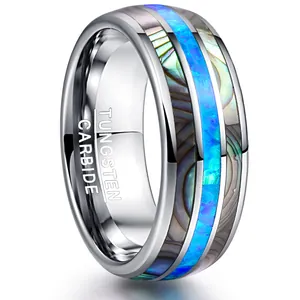 Anillo de carburo de tungsteno pulido de 8 mm con incrustación de opale azul y abulón