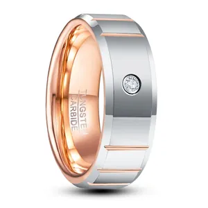Anello in Acciaio al Tungsteno Lucidato da Uomo Interno Oro Rosa Scanalatura Zirconia Intarsiato Gioielli Matrimonio