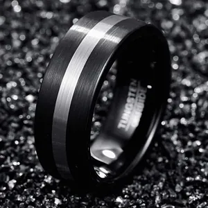 Men Tungsten Carbide Ring Brushed Black And Silver Two-Tone Band Ring For Men Wedding Daily Fashion Jewelry Gift