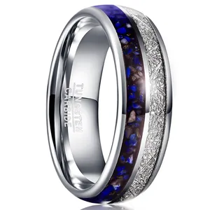 Anello in Acciaio al Tungsteno da Uomo Con Intarsio in Lapis Lazzuli e Texture in Filo Metallico Anello Minimalista Lucido