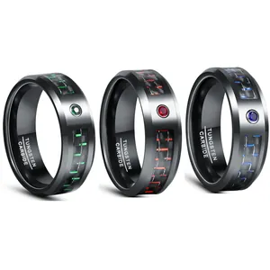 Men's 8mm Black Electroplated Tungsten Steel Ring with Inlaid Carbon Fiber and Round Zirconia Fashion Band Ring Jewelry Gift