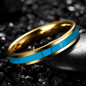 Macro view of 4mm gold plated tungsten carbide ring featuring a turquoise inlay detail