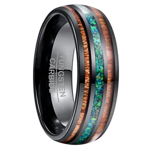 Anillo de Carburo de Tungsteno para Hombre Con Incrustaciones de Madera de Acacia y Ópalo Azul Verdoso 8mm Alianza Negra Pulida