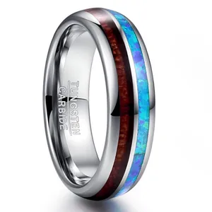 6mm Domed Tungsten Steel Ring Inlaid With Blue Opal And Acacia Wood Polished Comfort Fit Finger Band For Men And Women Jewelry