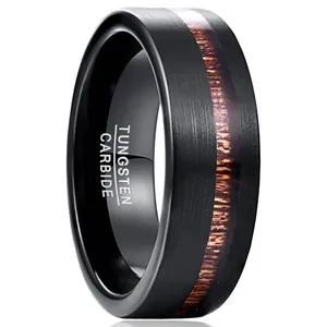 8mm Wide Black Matte Tungsten Steel Ring For Men With Acacia Wood Inlay Brushed Finish Vintage Wedding Band Finger Jewelry