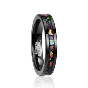 Black Tungsten Carbide Ring With Crushed Fire Opal Inlay Comfort Fit Wedding Band For Men Women Unisex Fashion Jewelry