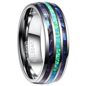 Anello da uomo in carburo di tungsteno lucido con inserti in madreperla e opale prezioso