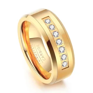 Macro view of 8mm gold plated tungsten carbide ring with cubic zirconia stones