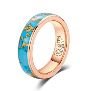 Detailed macro view of 6mm tungsten carbide ring with turquoise and gold foil inlay