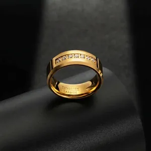 Close-up of 8mm gold-plated tungsten carbide ring with cubic zirconia stones