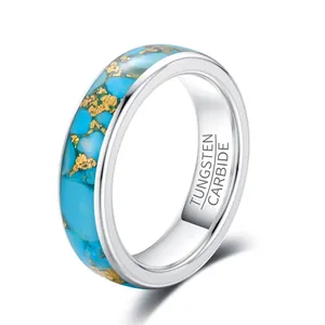 Detailed macro view of 6mm tungsten carbide ring featuring turquoise and gold leaf inlay