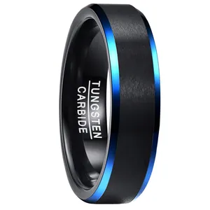 Black Matte Tungsten Carbide Ring For Men With Blue Beveled Edge Vacuum Plated Brushed Finish Band Ring Male Fashion Jewelry Accessory