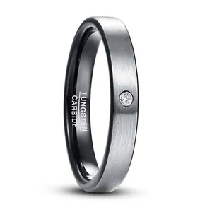 4mm Tungsten Steel Ring For Men Women Matte Finish Black Inner Layer Inlaid Rhinestone Unisex Minimalist Band Jewelry