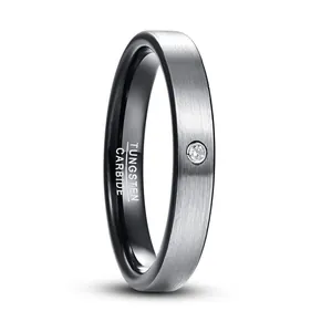 4mm brushed tungsten carbide ring with inlaid diamond and black electroplated inner band