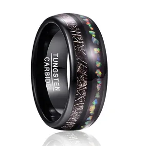 Men Black Electroplated Tungsten Steel Ring With Imitation Meteorite And Opal Inlay Dome Design Band Finger Jewelry Gift
