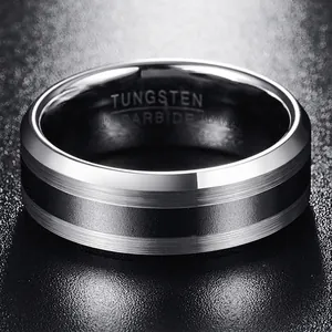 Close-up of 8mm wide tungsten carbide ring featuring brushed stripes and inner engraving