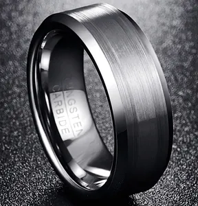 Close-up view of a men's 8mm tungsten carbide ring with brushed stripes and polished edges.