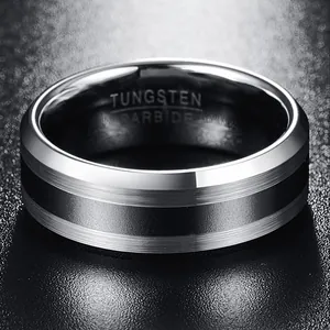 Detailed view of an 8mm tungsten carbide ring with a matte black striped inlay.