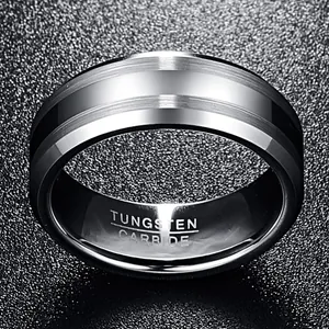 Close-up of 8mm tungsten carbide ring featuring brushed stripes and interior engraving