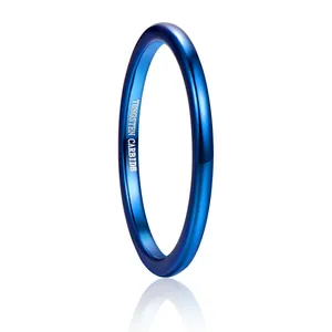 Minimalist 2mm wide polished blue tungsten carbide ring band with mirror reflection