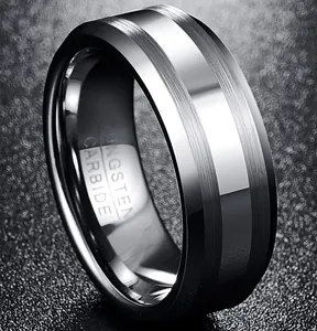 Close-up of men's 8mm tungsten carbide ring with double brushed stripe finish