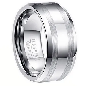 Men's Tungsten Steel Ring Brushed Striped Design Polished Edge Band Ring Industrial Style Silver Jewelry For Daily Banquet