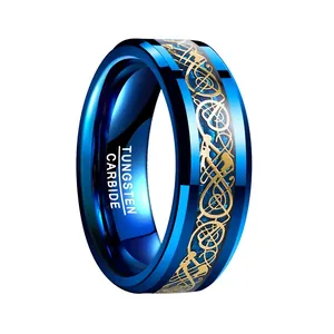 Anillo de hombre de carburo de tungsteno azul de 8mm con patrón de dragón dorado