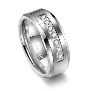 Close-up detail of 8mm silver-tone tungsten ring inlaid with cubic zirconia stones