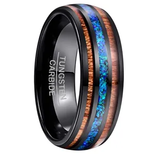 8mm Men's Tungsten Steel Ring With Acacia Wood And Blue Opal Inlay Polished Black Wedding Band Fashion Jewelry Men's Ring