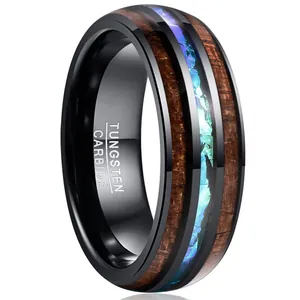 Tungsten Steel Men Ring Electroplated Black Polished Inlaid Acacia Wood Imitation Opal Ring Unique Trend Jewelry For Daily Wear