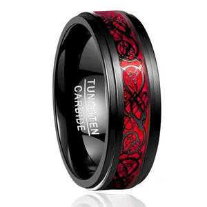 Men's Tungsten Steel Band Ring Black Electroplated With Red Celtic Dragon Pattern Beveled Edge Vintage Punk Style Jewelry For Men
