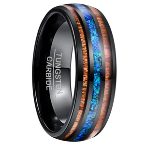 8mm black tungsten carbide men's wedding ring with Koa wood and blue opal inlay bands