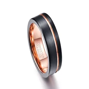Men's 8mm tungsten carbide ring featuring black brushed exterior and rose gold interior
