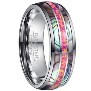 8mm dome tungsten carbide mens ring featuring dual abalone shell and magenta opal inlay